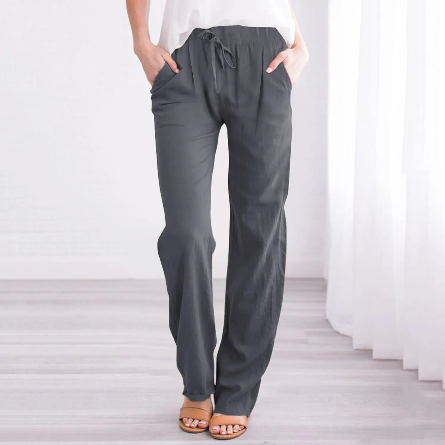 Linen Cotton Pants for Women 2025 High Waist Elastic Straight Leg Lounge Casual Loose Lightweight Beach Trousers