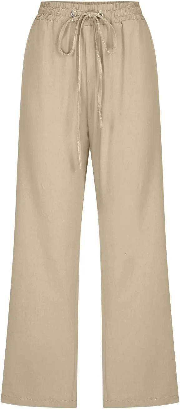 Linen Joggers for Women Capri Pants Cotton Wide Leg High Waisted Dressy Trousers Casual Summer Lounge Trousers