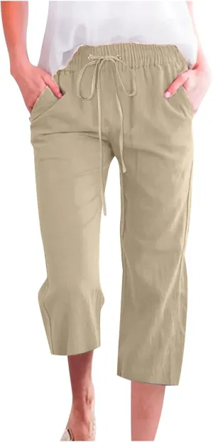 Linen Joggers for Women Capri Pants Cotton Wide Leg High Waisted Dressy Trousers Casual Summer Lounge Trousers