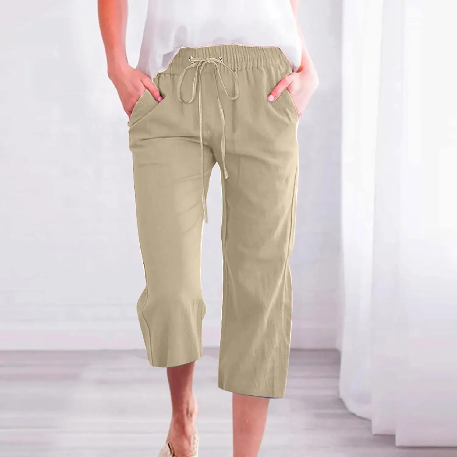 Linen Joggers for Women Capri Pants Cotton Wide Leg High Waisted Dressy Trousers Casual Summer Lounge Trousers