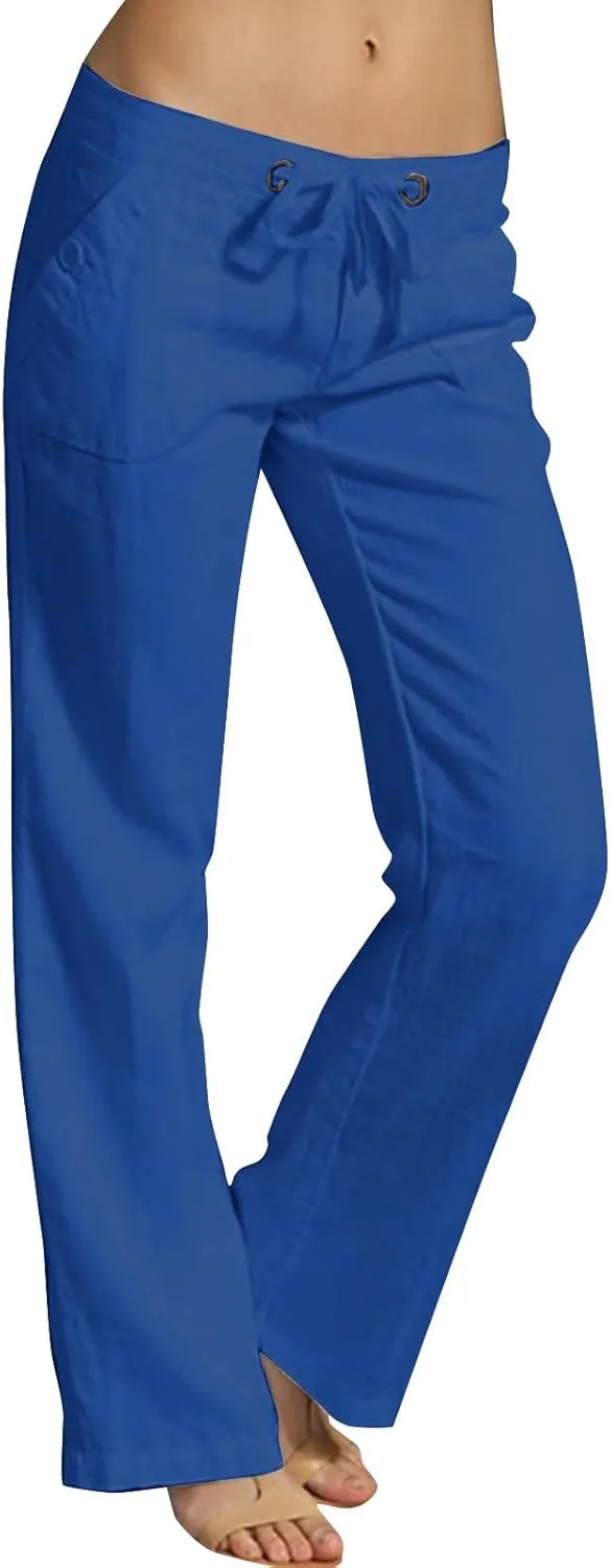 Linen Lounge Pants Women Drawstring High Waisted Wide Leg Pants Summer Casual Dressy Pant Fashion Trouser with Pocket