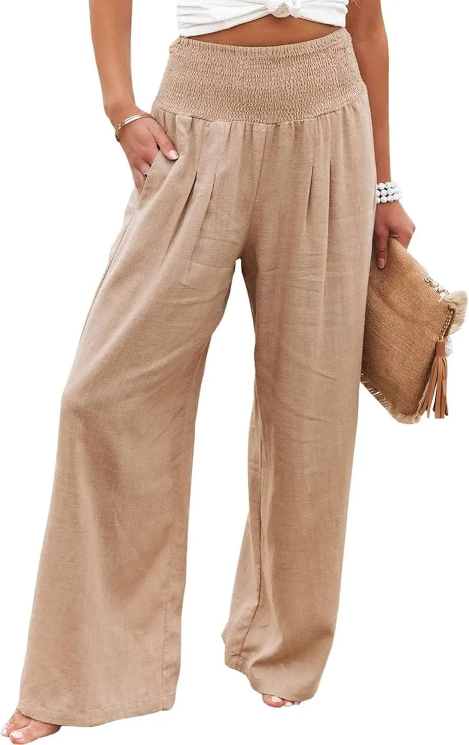 Linen Palazzo Pants for Women High Waist Summer Wide Leg Pants Lightweight Flowy Drawstring Smocked Lounge Trousers