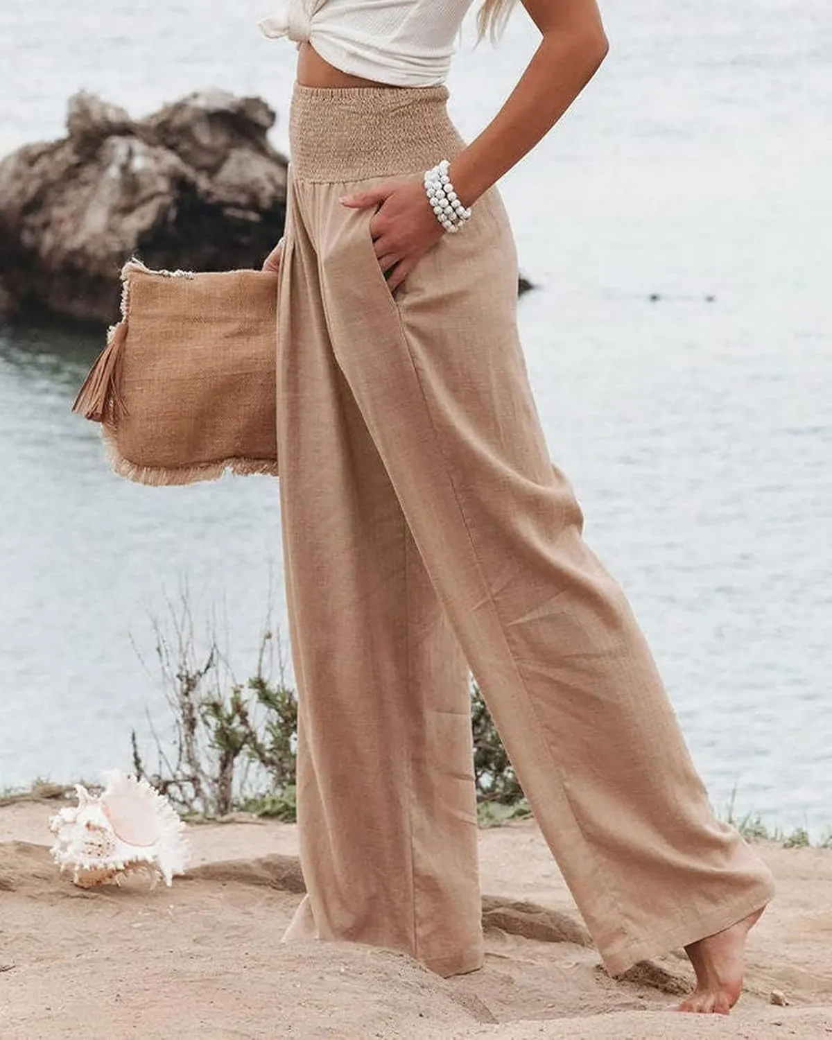 Linen Palazzo Pants for Women High Waist Summer Wide Leg Pants Lightweight Flowy Drawstring Smocked Lounge Trousers