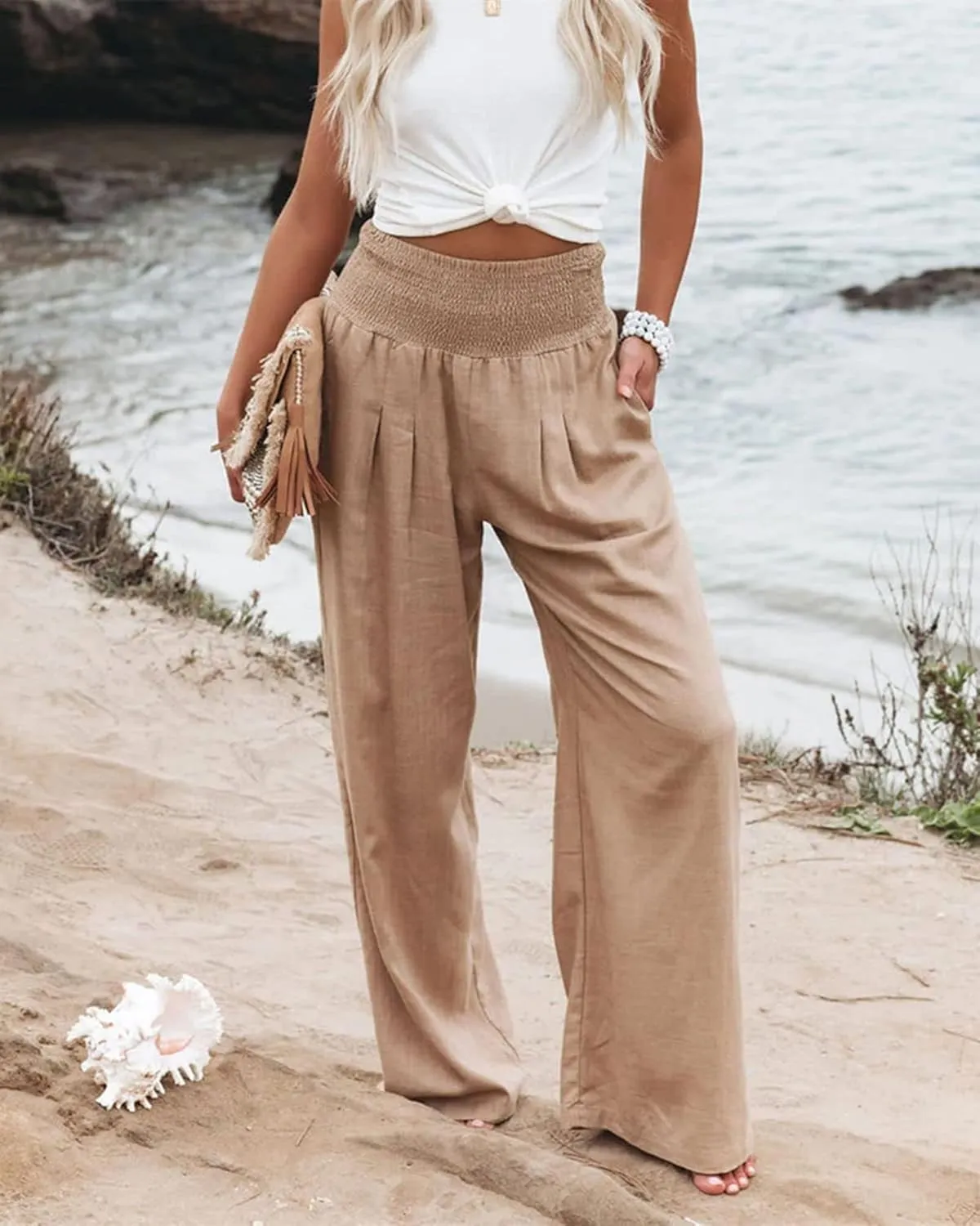 Linen Palazzo Pants for Women High Waist Summer Wide Leg Pants Lightweight Flowy Drawstring Smocked Lounge Trousers
