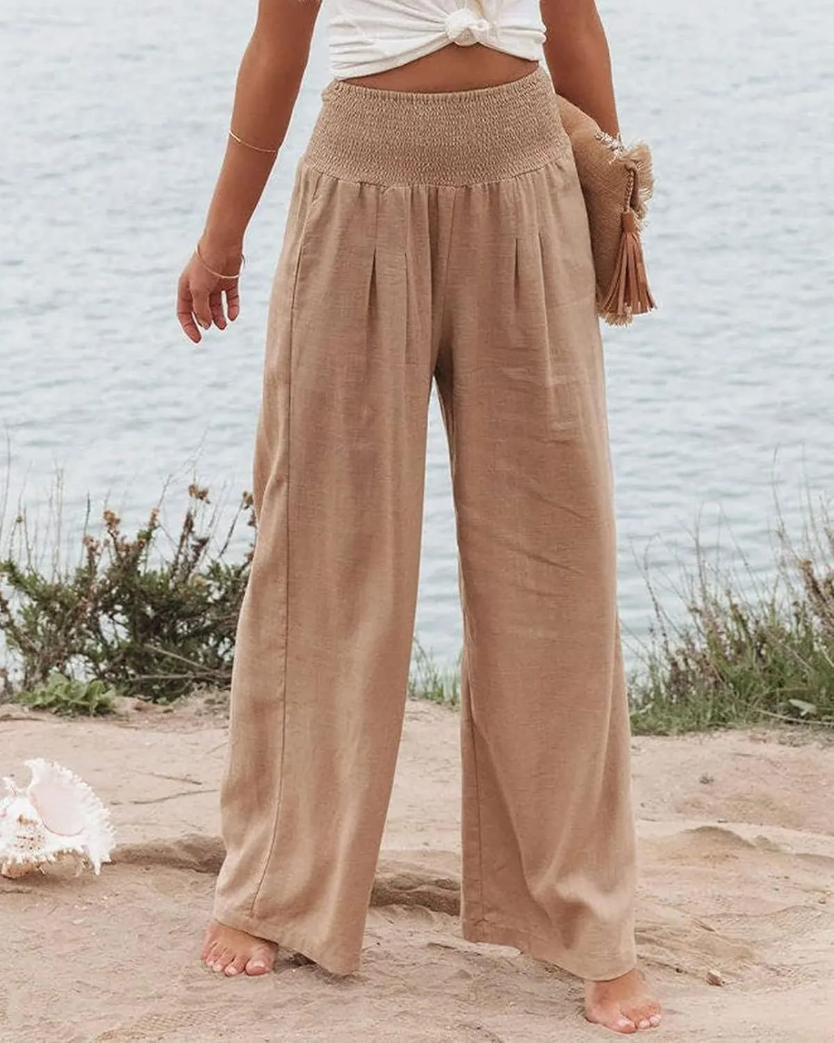 Linen Palazzo Pants for Women High Waist Summer Wide Leg Pants Lightweight Flowy Drawstring Smocked Lounge Trousers