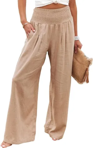 Linen Palazzo Pants for Women High Waist Summer Wide Leg Pants Lightweight Flowy Drawstring Smocked Lounge Trousers