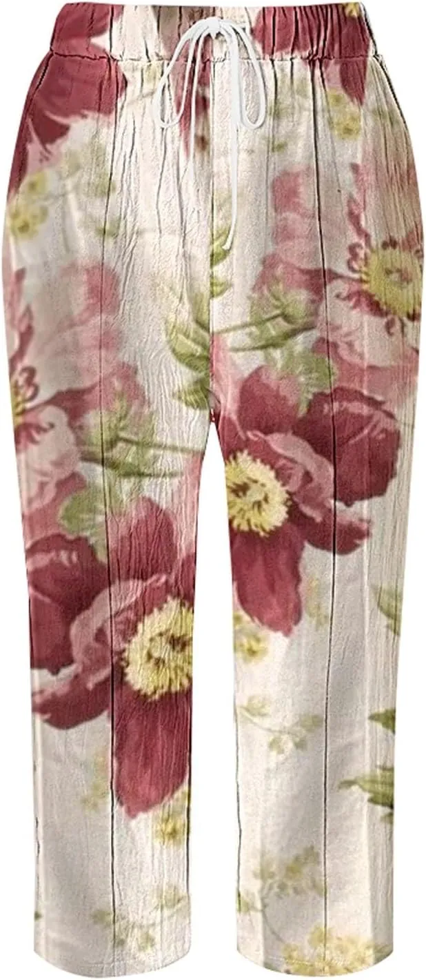 Linen Pants for Women 2025 Summer Casual High Waist Elastic Straight Leg Lounge Pant Loose Lightweight Beach Trousers