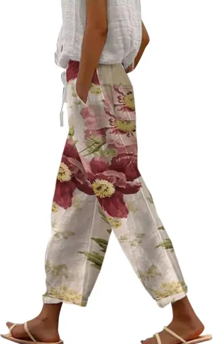 Linen Pants for Women 2025 Summer Casual High Waist Elastic Straight Leg Lounge Pant Loose Lightweight Beach Trousers