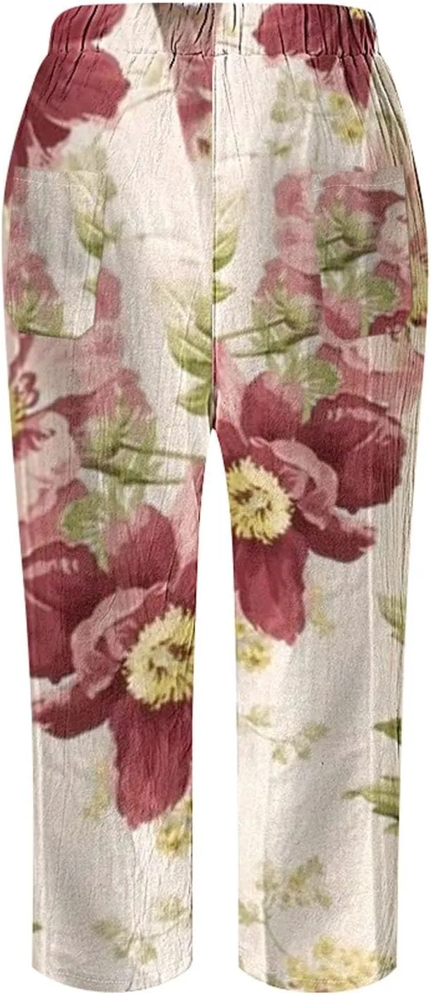 Linen Pants for Women 2025 Summer Casual High Waist Elastic Straight Leg Lounge Pant Loose Lightweight Beach Trousers