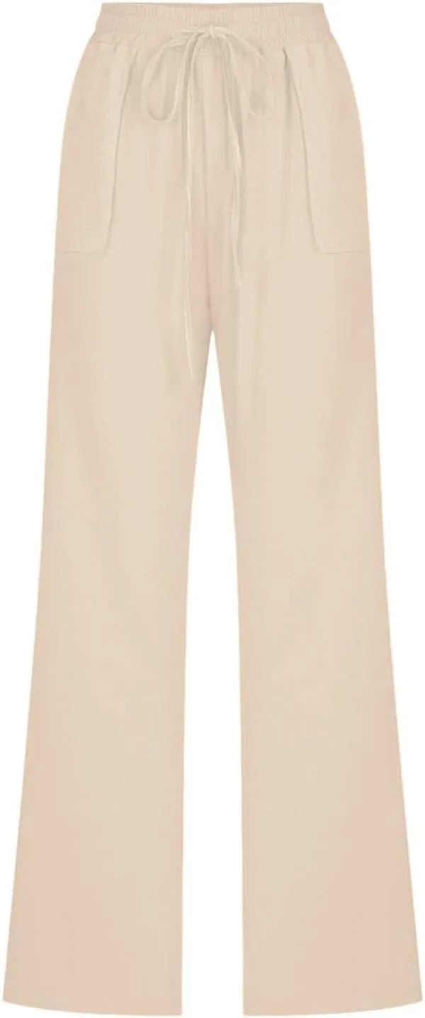 Linen Pants for Women 2025 Summer Drawstring Pants Casual Loose Wide Leg Lounge Trousers for Beach Travel Vacation