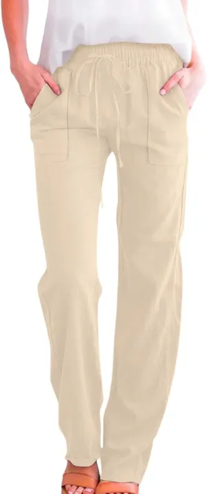 Linen Pants for Women 2025 Summer Drawstring Pants Casual Loose Wide Leg Lounge Trousers for Beach Travel Vacation