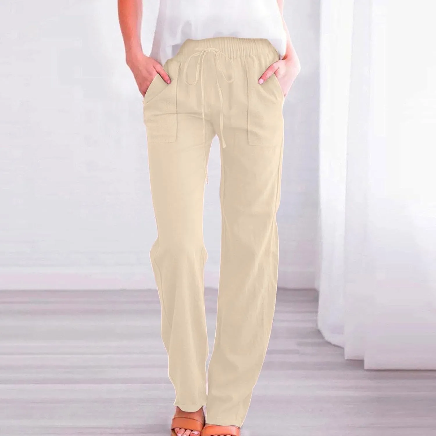 Linen Pants for Women 2025 Summer Drawstring Pants Casual Loose Wide Leg Lounge Trousers for Beach Travel Vacation