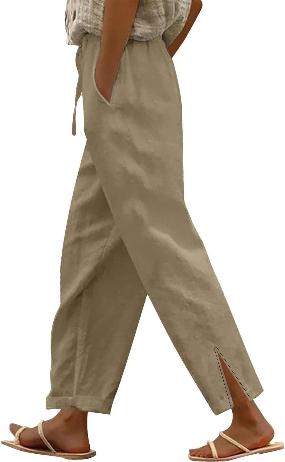 Linen Pants for Women 2025 Summer Drawstring Straight Leg Elastic Waist Lounge Trousers Casual Beach Pant with Split