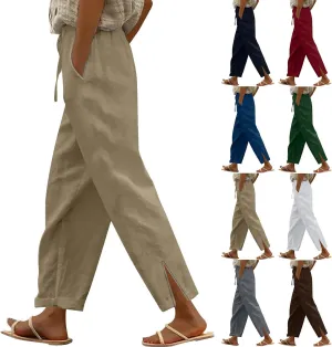Linen Pants for Women 2025 Summer Drawstring Straight Leg Elastic Waist Lounge Trousers Casual Beach Pant with Split