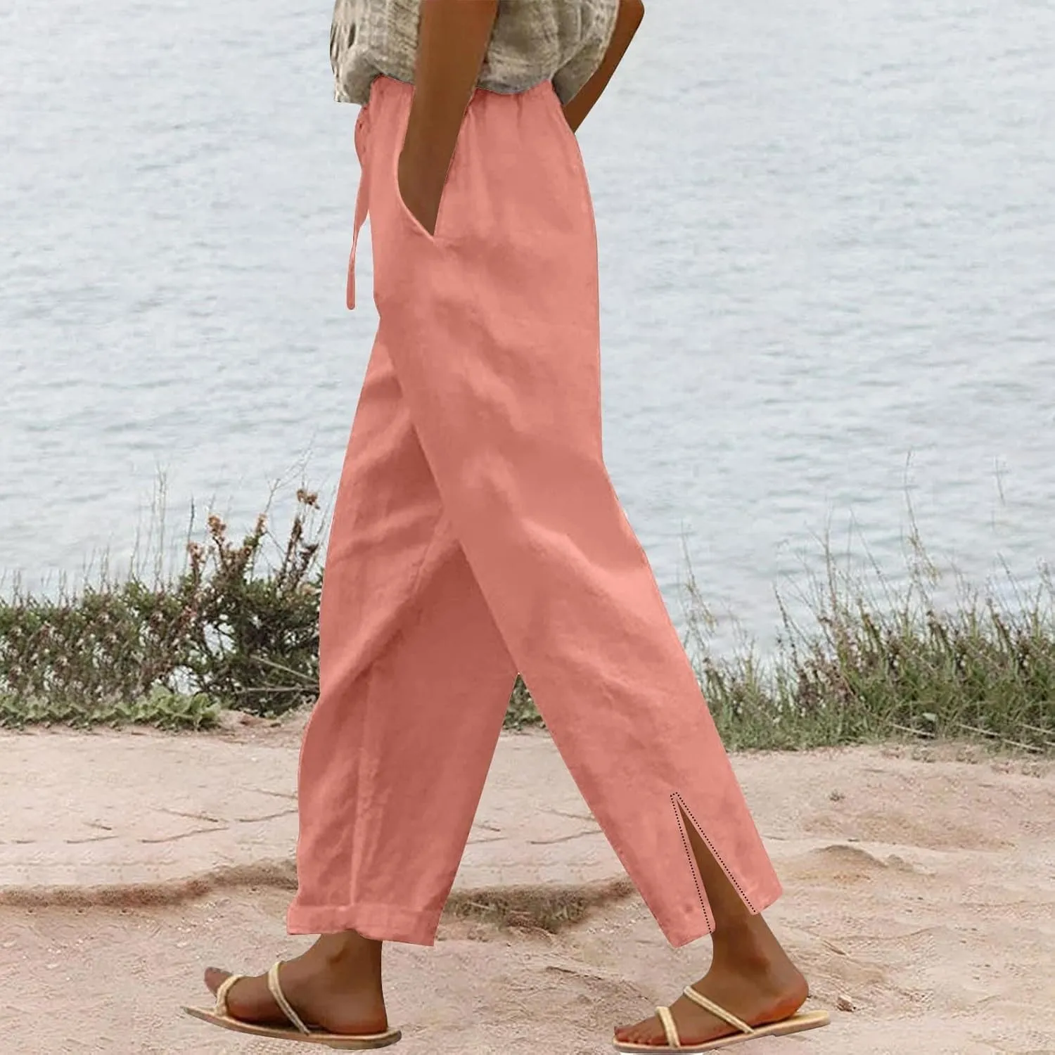 Linen Pants for Women High Waisted Elastic Drawstring Beach Pants Casual Loose Wide Leg Trousers with Pockets