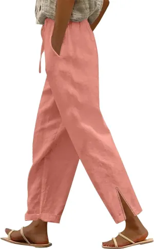 Linen Pants for Women High Waisted Elastic Drawstring Beach Pants Casual Loose Wide Leg Trousers with Pockets