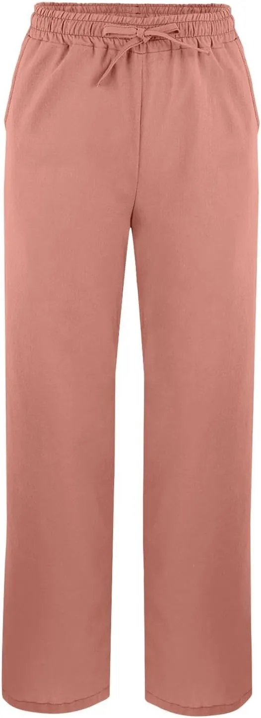 Linen Pants for Women High Waisted Elastic Drawstring Beach Pants Casual Loose Wide Leg Trousers with Pockets