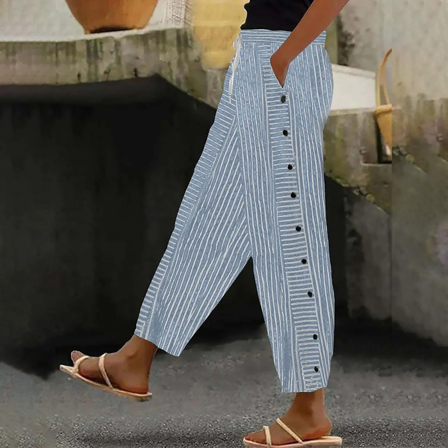 Linen Pants for Women Striped Elastic Waistband High Waistband Pocket Pants Side Nine Point Loose Casual