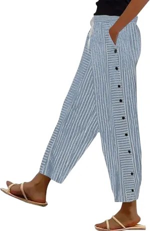 Linen Pants for Women Striped Elastic Waistband High Waistband Pocket Pants Side Nine Point Loose Casual
