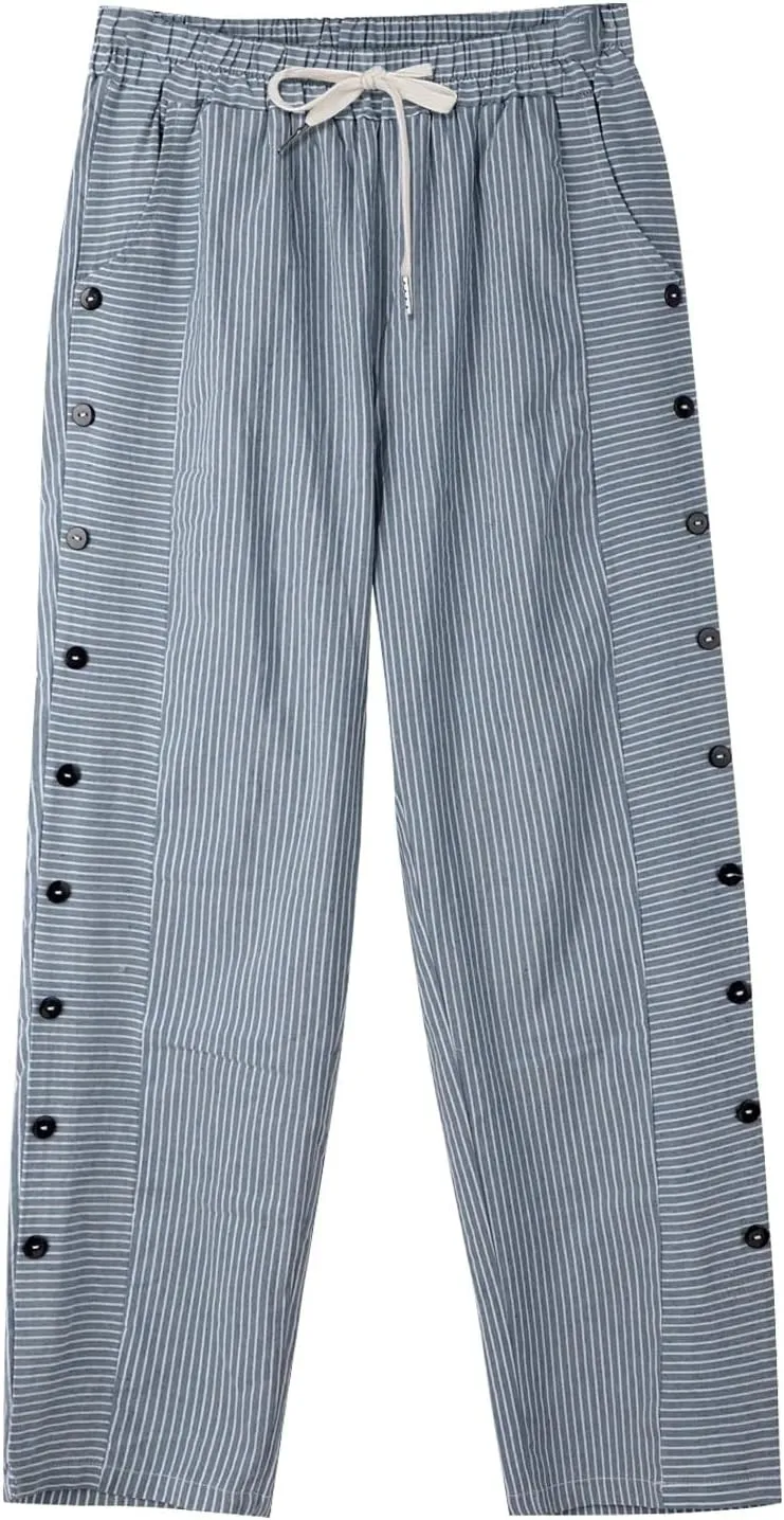 Linen Pants for Women Striped Elastic Waistband High Waistband Pocket Pants Side Nine Point Loose Casual