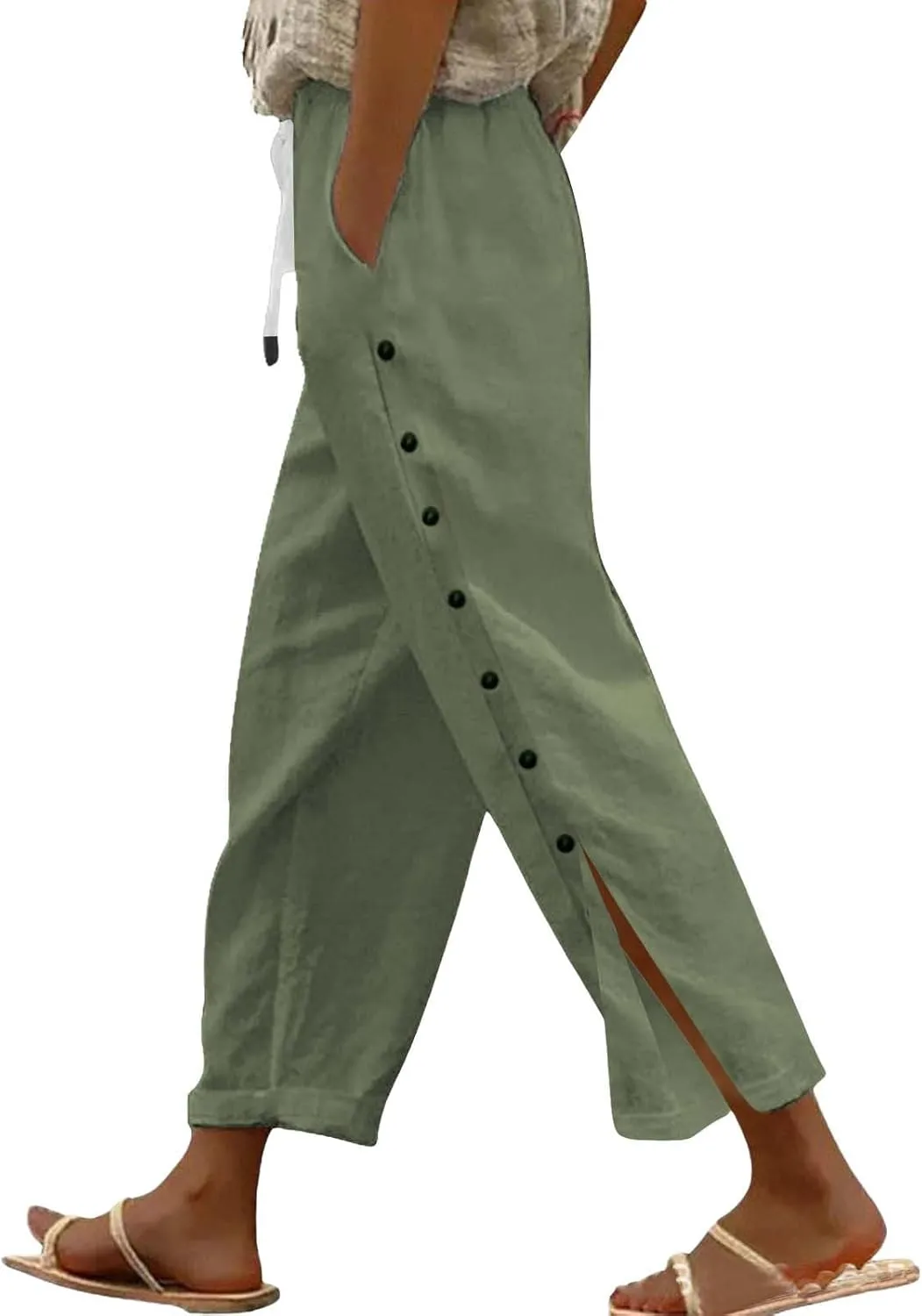 Linen Pants for Women Summer Elastic Waist Lightweight Pants Vacation Beach Side-Buttoned Closure Casual Trousers