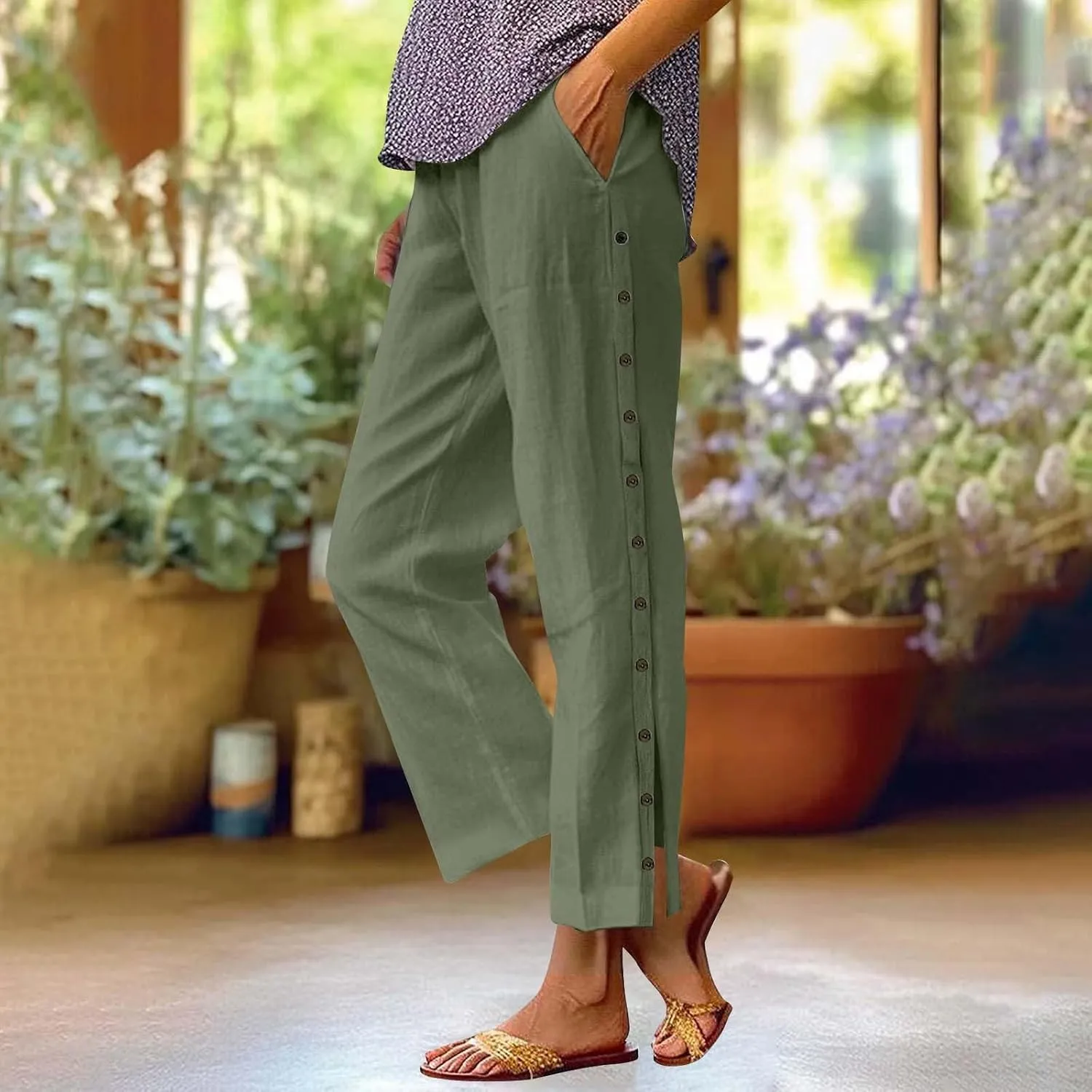Linen Pants for Women Summer Elastic Waist Lightweight Pants Vacation Beach Side-Buttoned Closure Casual Trousers