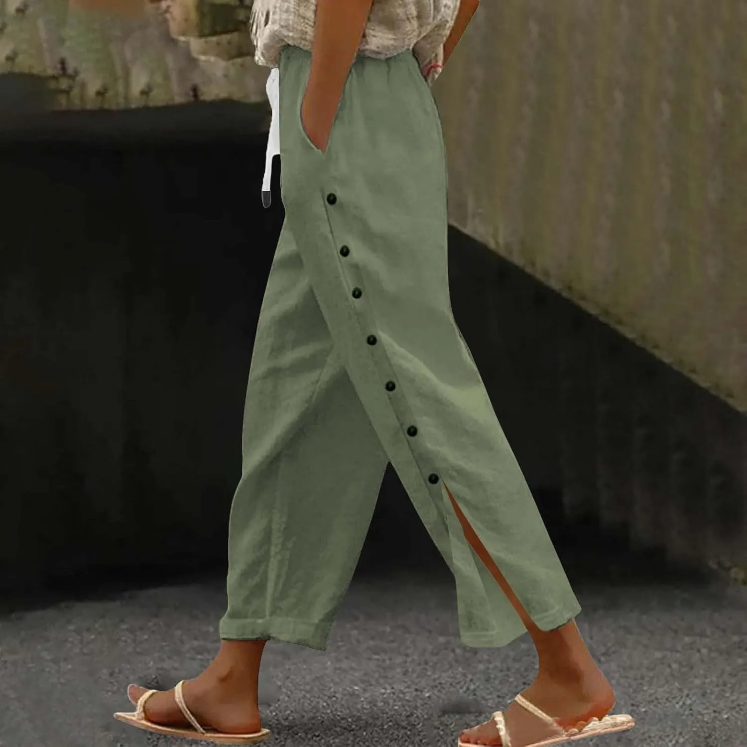Linen Pants for Women Summer Elastic Waist Lightweight Pants Vacation Beach Side-Buttoned Closure Casual Trousers