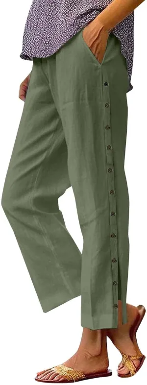 Linen Pants for Women Summer Elastic Waist Lightweight Pants Vacation Beach Side-Buttoned Closure Casual Trousers