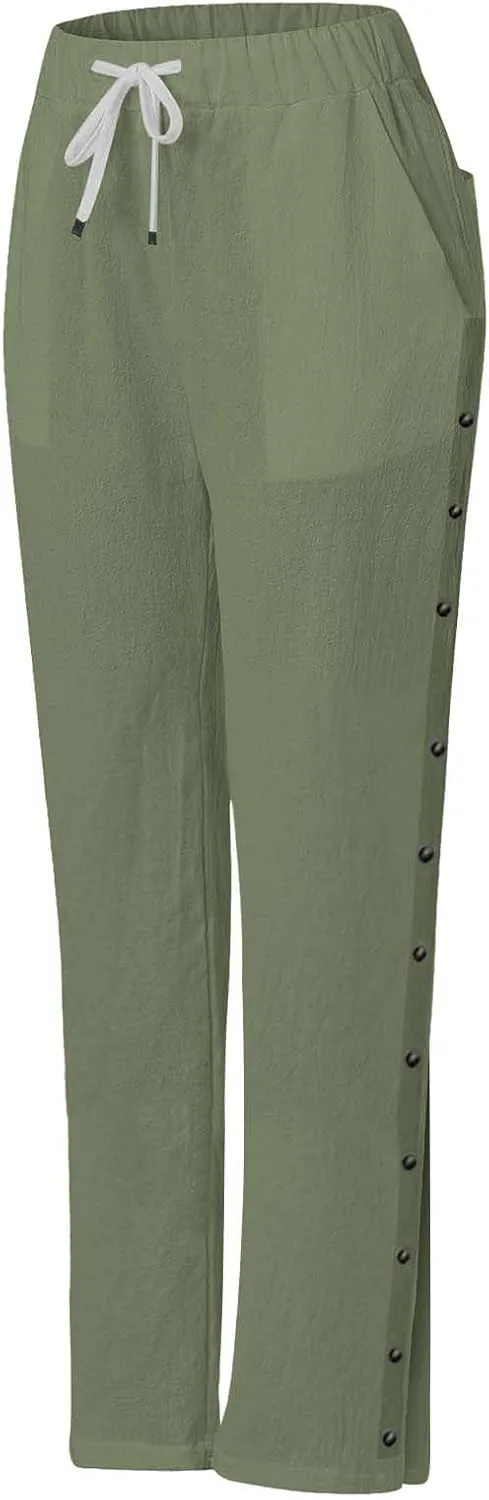 Linen Pants for Women Summer Elastic Waist Lightweight Pants Vacation Beach Side-Buttoned Closure Casual Trousers