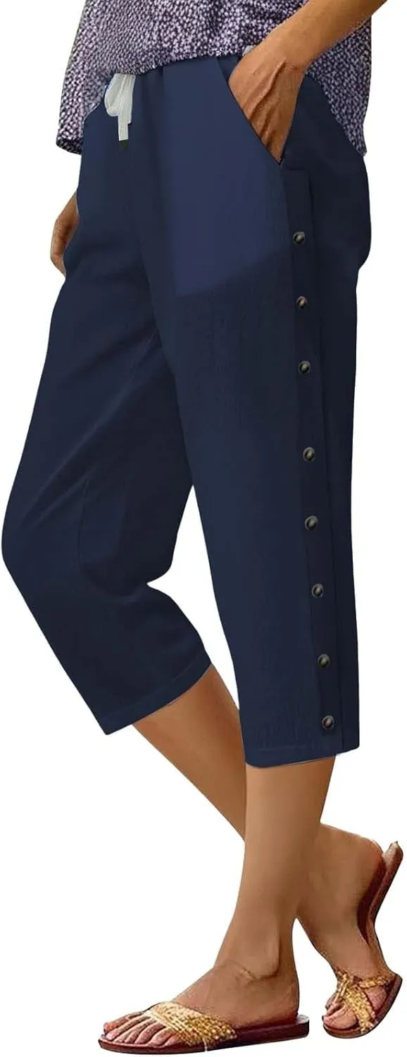 Linen Pants for Women Summer High Waist Elastic Drawstring Straight Leg Lounge Trousers Casual Loose Beach Pants