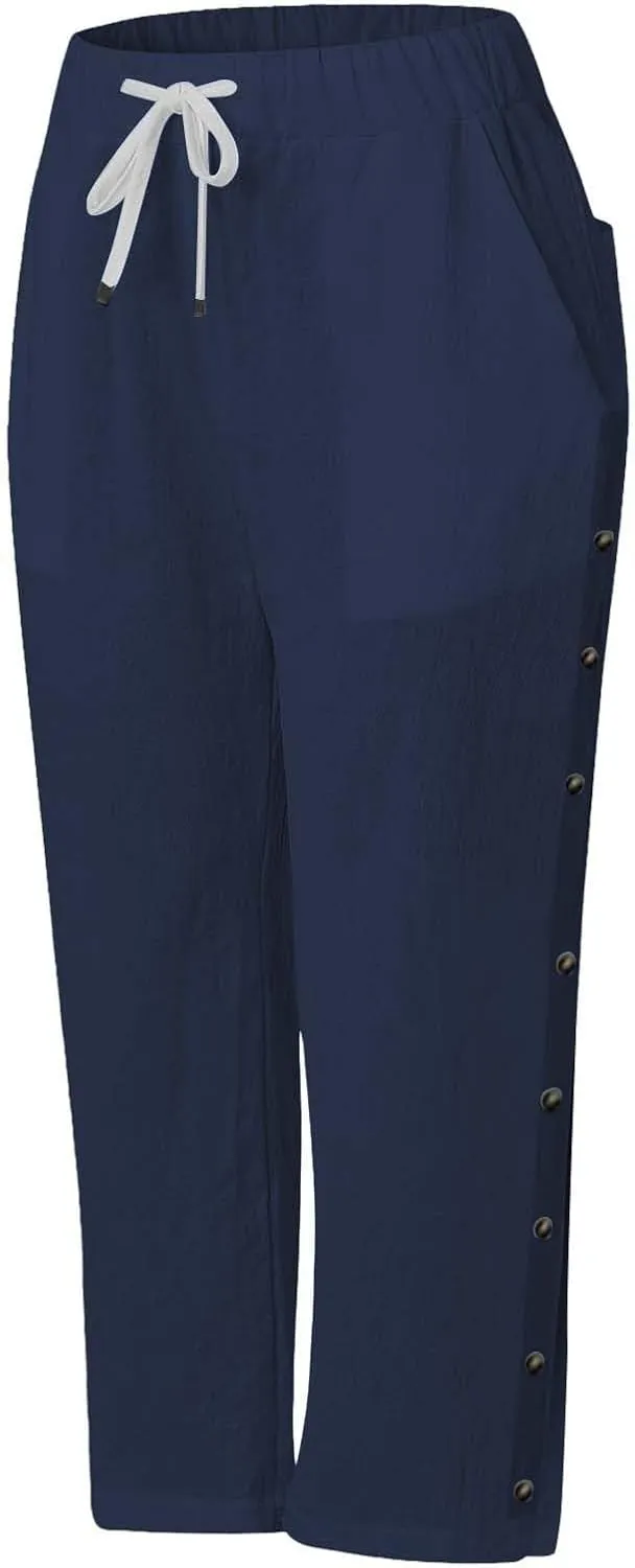 Linen Pants for Women Summer High Waist Elastic Drawstring Straight Leg Lounge Trousers Casual Loose Beach Pants