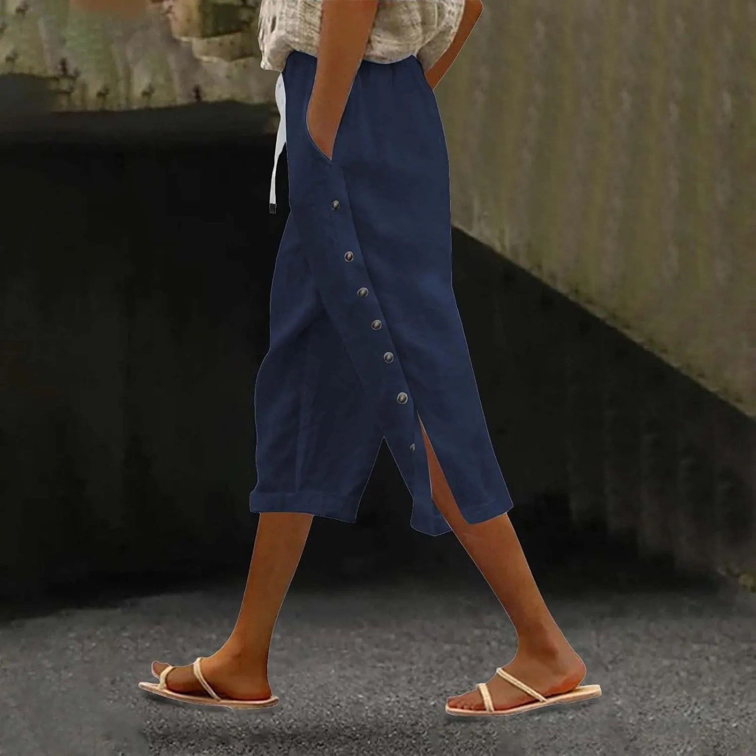 Linen Pants for Women Summer High Waist Elastic Drawstring Straight Leg Lounge Trousers Casual Loose Beach Pants