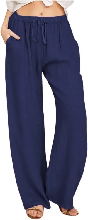 Linen Pants Women 2025 Summer Beach Lounge Wide Leg Trousers Drawstring High Waisted Palazzo Pants with Pockets