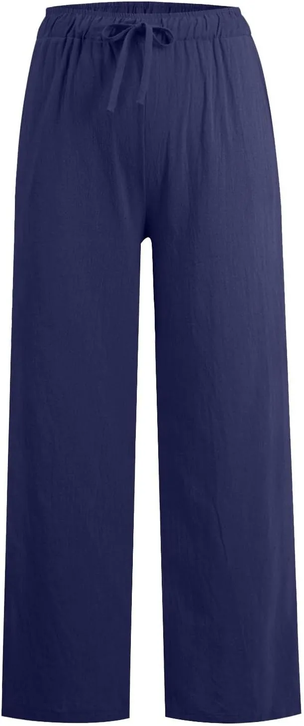 Linen Pants Women 2025 Summer Beach Lounge Wide Leg Trousers Drawstring High Waisted Palazzo Pants with Pockets