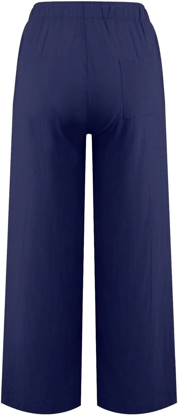Linen Pants Women 2025 Summer Beach Lounge Wide Leg Trousers Drawstring High Waisted Palazzo Pants with Pockets