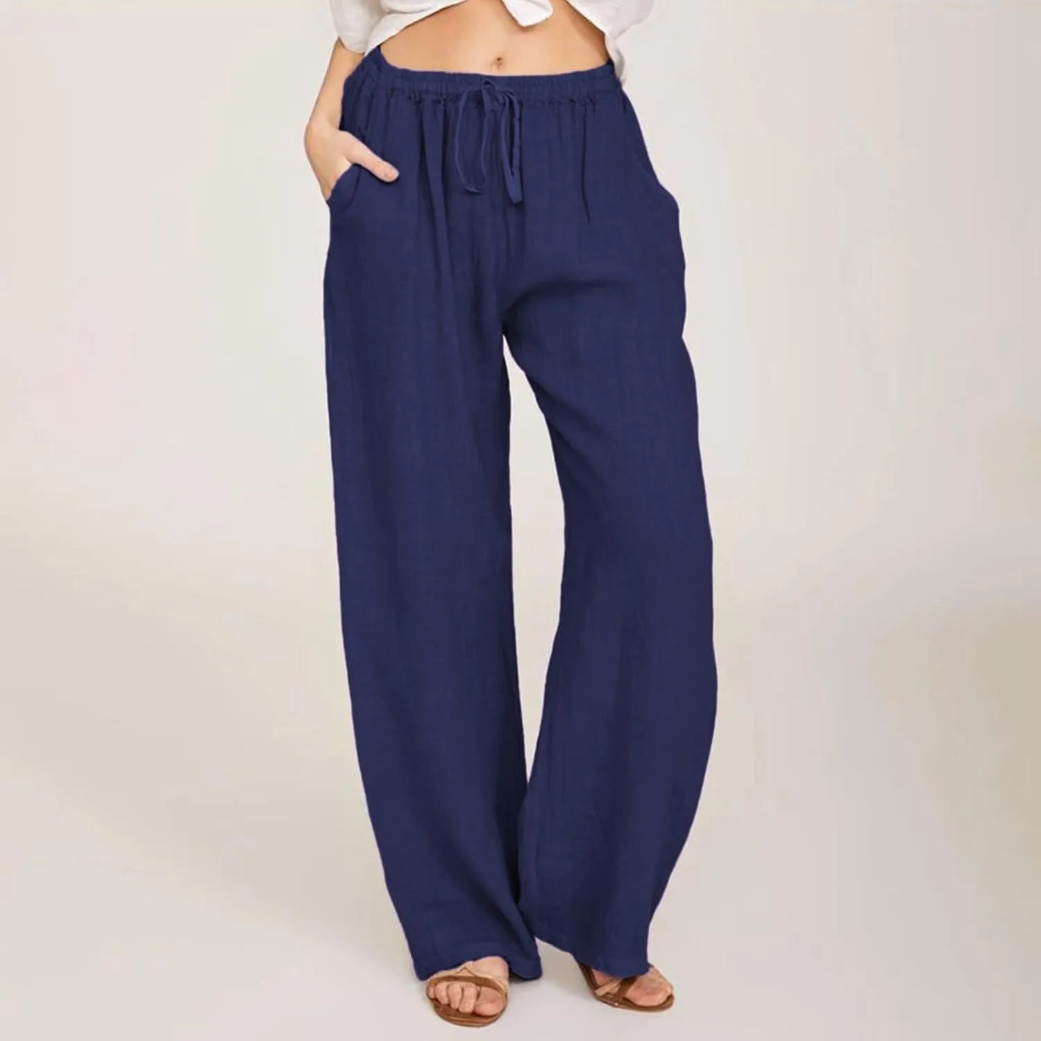 Linen Pants Women 2025 Summer Beach Lounge Wide Leg Trousers Drawstring High Waisted Palazzo Pants with Pockets