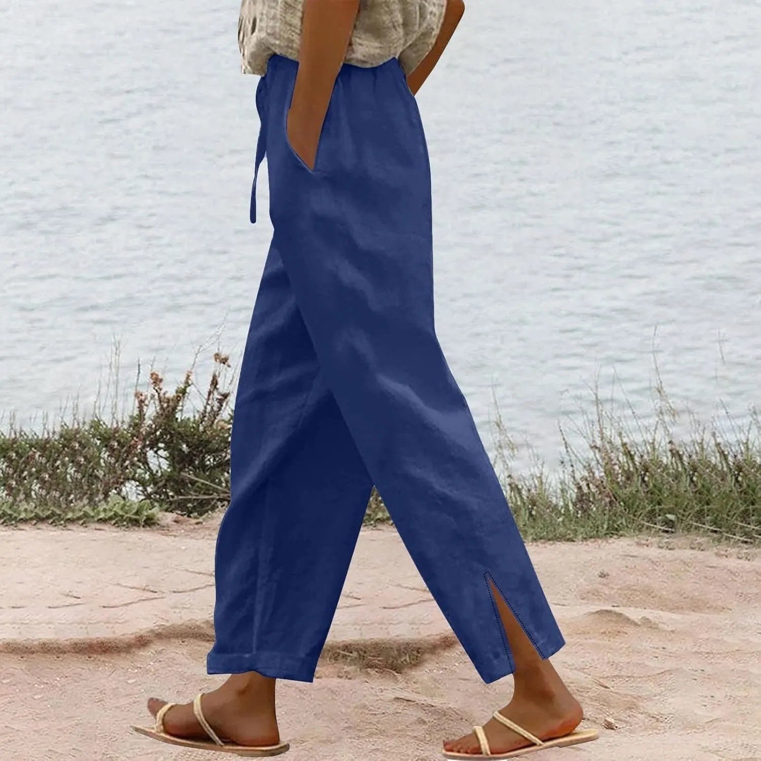 Linen Pants Women High Waisted Beach Pants Loose Lightweight Wide Leg Trousers with Pockets Workout Vacation Capris