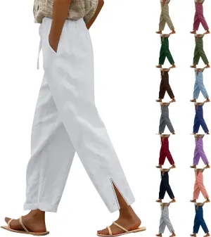 Linen Pants Women High Waisted Beach Pants Loose Lightweight Wide Leg Trousers with Pockets Workout Vacation Capris