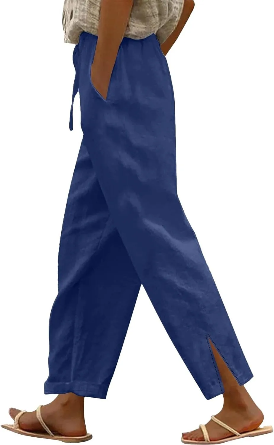Linen Pants Women High Waisted Beach Pants Loose Lightweight Wide Leg Trousers with Pockets Workout Vacation Capris