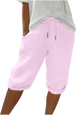 Linen Pants Women Summer, Cotton Beach Cover Up, Pantalones De Playa Mujer, Cropped Elastic Waist Straight Leg Trousers Loose Summer Beach Lounge Trousers Pink Large