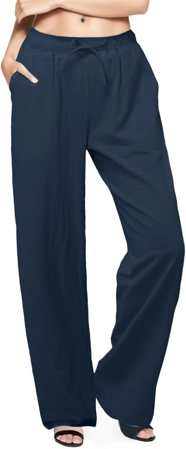 Linen Pants Women Summer Drawstring High Waist Pants Loose Cotton Linen Wide Leg Palazzo Pant Casual Beach Trousers