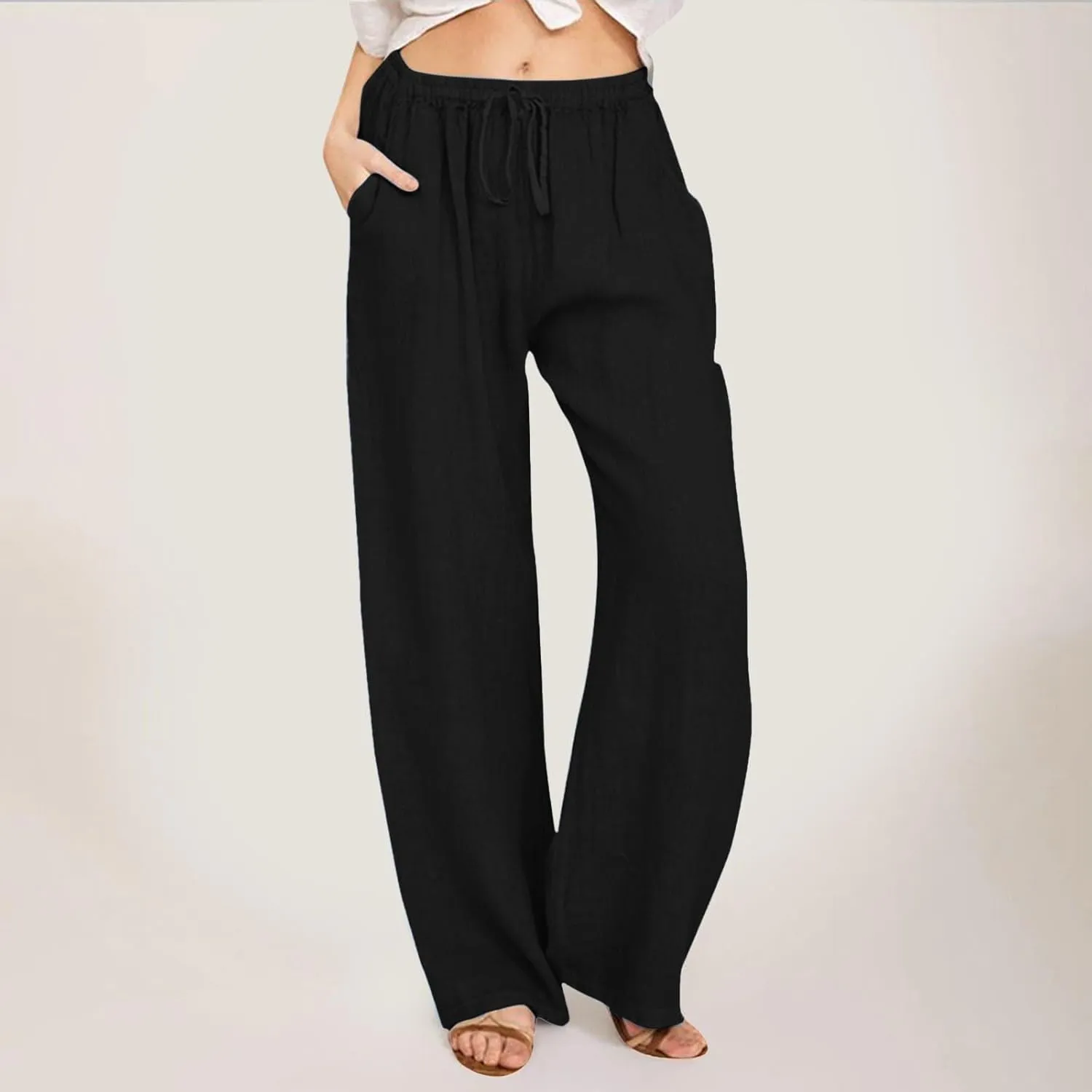 Linen Pants Women Summer Drawstring High Waist Pants Loose Cotton Linen Wide Leg Palazzo Pant Casual Beach Trousers