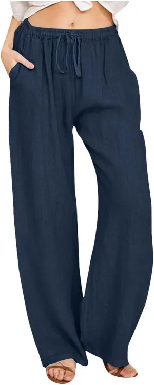 Linen Pants Women Summer Drawstring High Waist Pants Loose Cotton Linen Wide Leg Palazzo Pant Casual Beach Trousers