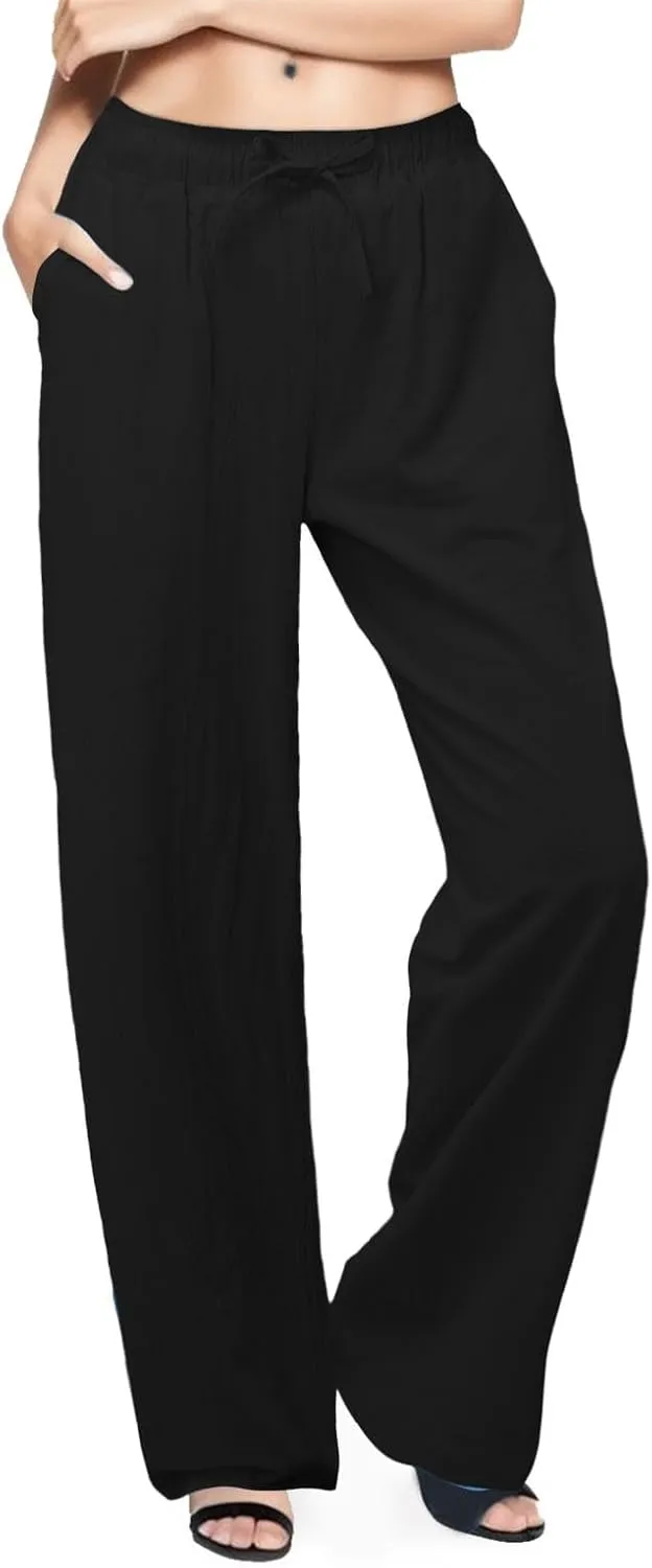 Linen Pants Women Summer Drawstring High Waist Pants Loose Cotton Linen Wide Leg Palazzo Pant Casual Beach Trousers