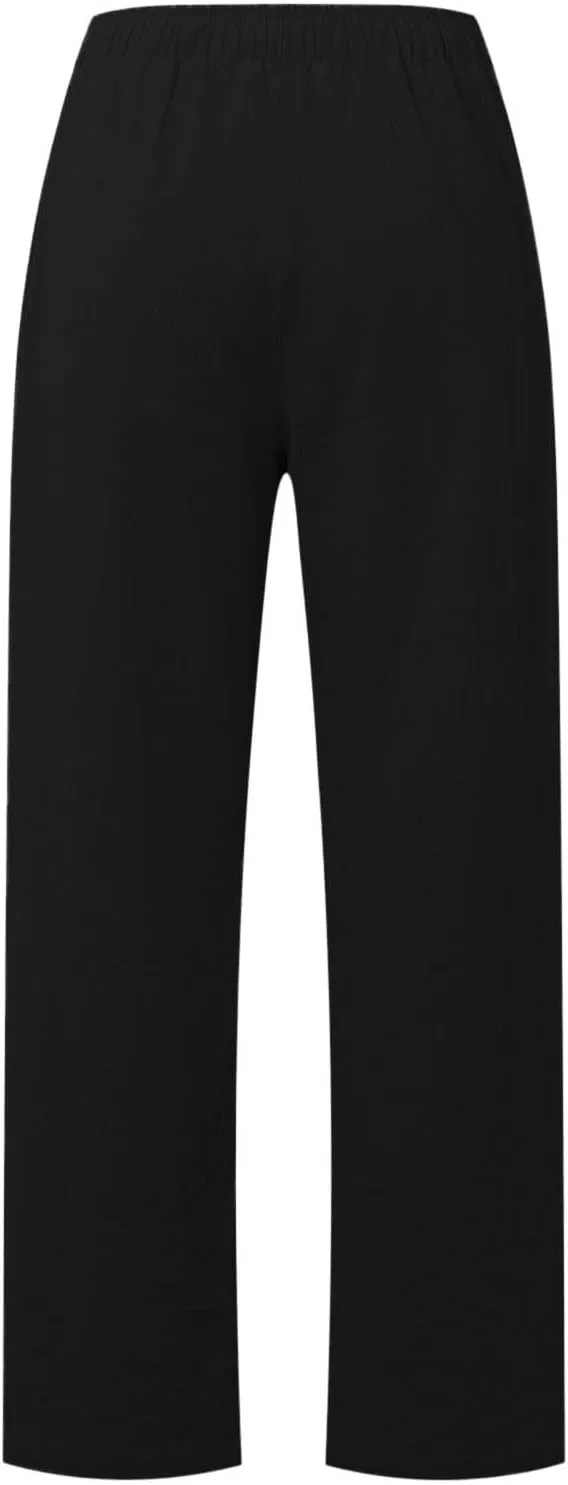 Linen Pants Women Summer Drawstring High Waist Pants Loose Cotton Linen Wide Leg Palazzo Pant Casual Beach Trousers
