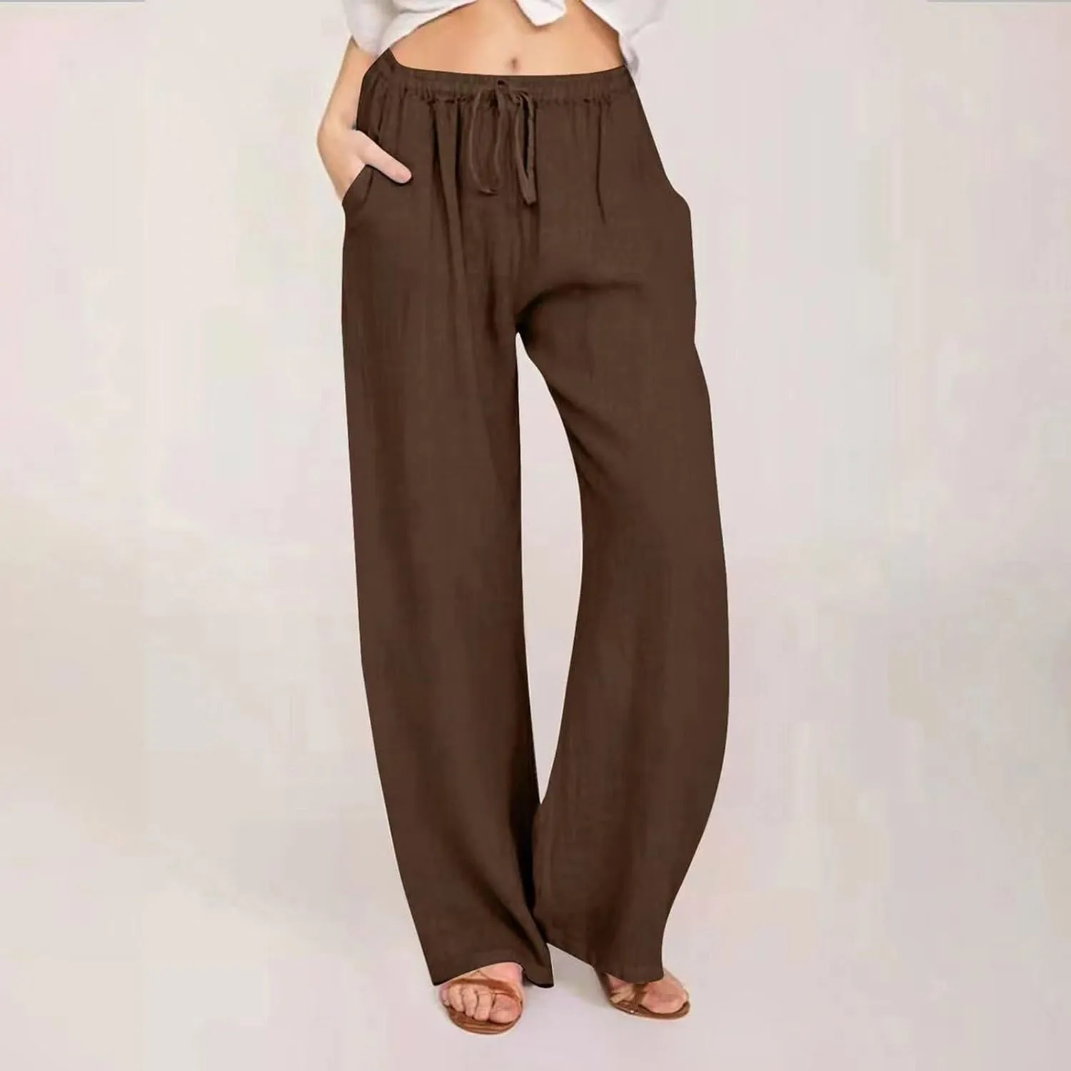 Linen Pants Women Summer Drawstring High Waist Pants Loose Cotton Linen Wide Leg Palazzo Pant Casual Beach Trousers