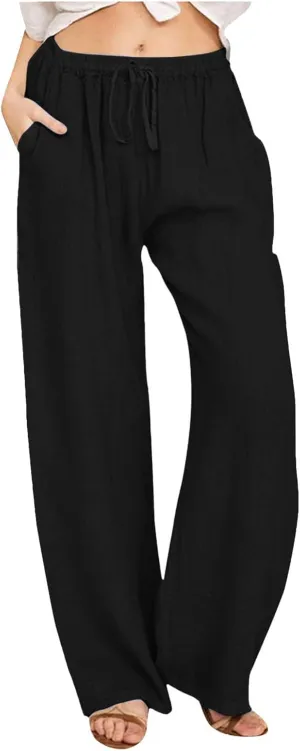 Linen Pants Women Summer Drawstring High Waist Pants Loose Cotton Linen Wide Leg Palazzo Pant Casual Beach Trousers
