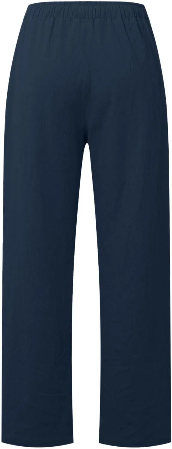 Linen Pants Women Summer Drawstring High Waist Pants Loose Cotton Linen Wide Leg Palazzo Pant Casual Beach Trousers