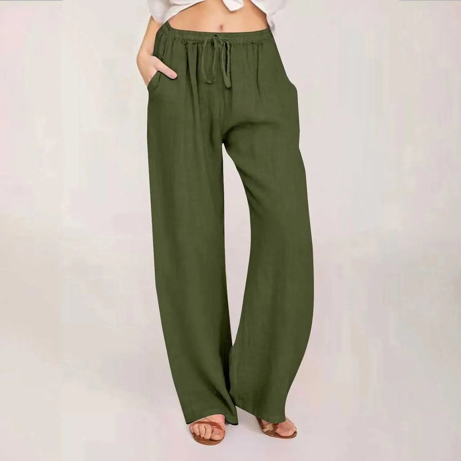 Linen Pants Women Summer Drawstring High Waist Pants Loose Cotton Linen Wide Leg Palazzo Pant Casual Beach Trousers