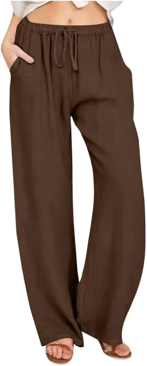 Linen Pants Women Summer Drawstring High Waist Pants Loose Cotton Linen Wide Leg Palazzo Pant Casual Beach Trousers
